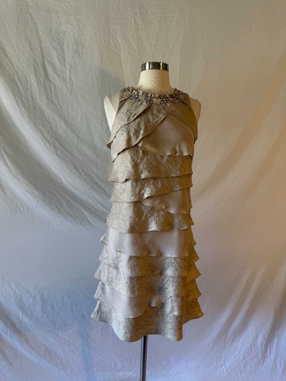 Gold Formal Layered Short Dress with Bead Neckline